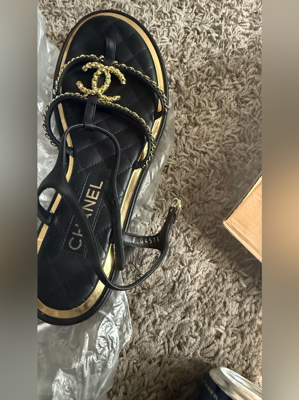 Authentic CHANEL Black Quilted Leather Strappy Sandals, Gold Chain CC. Size 38.5